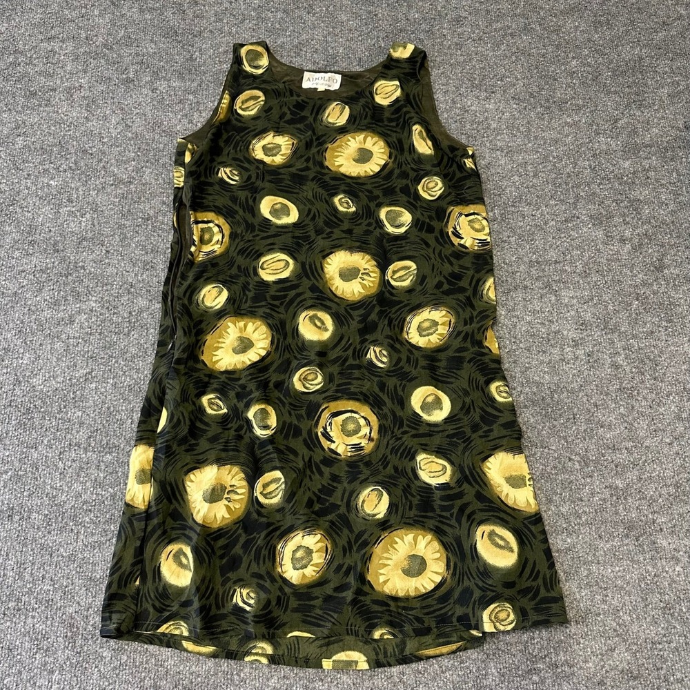Adolfo Dress Womens Size M Olive Green Yellow Sunburst Floral Sleeveless Shift